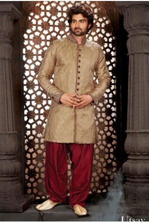 Designer Brocade Rust Cream Indo Western Sherwani